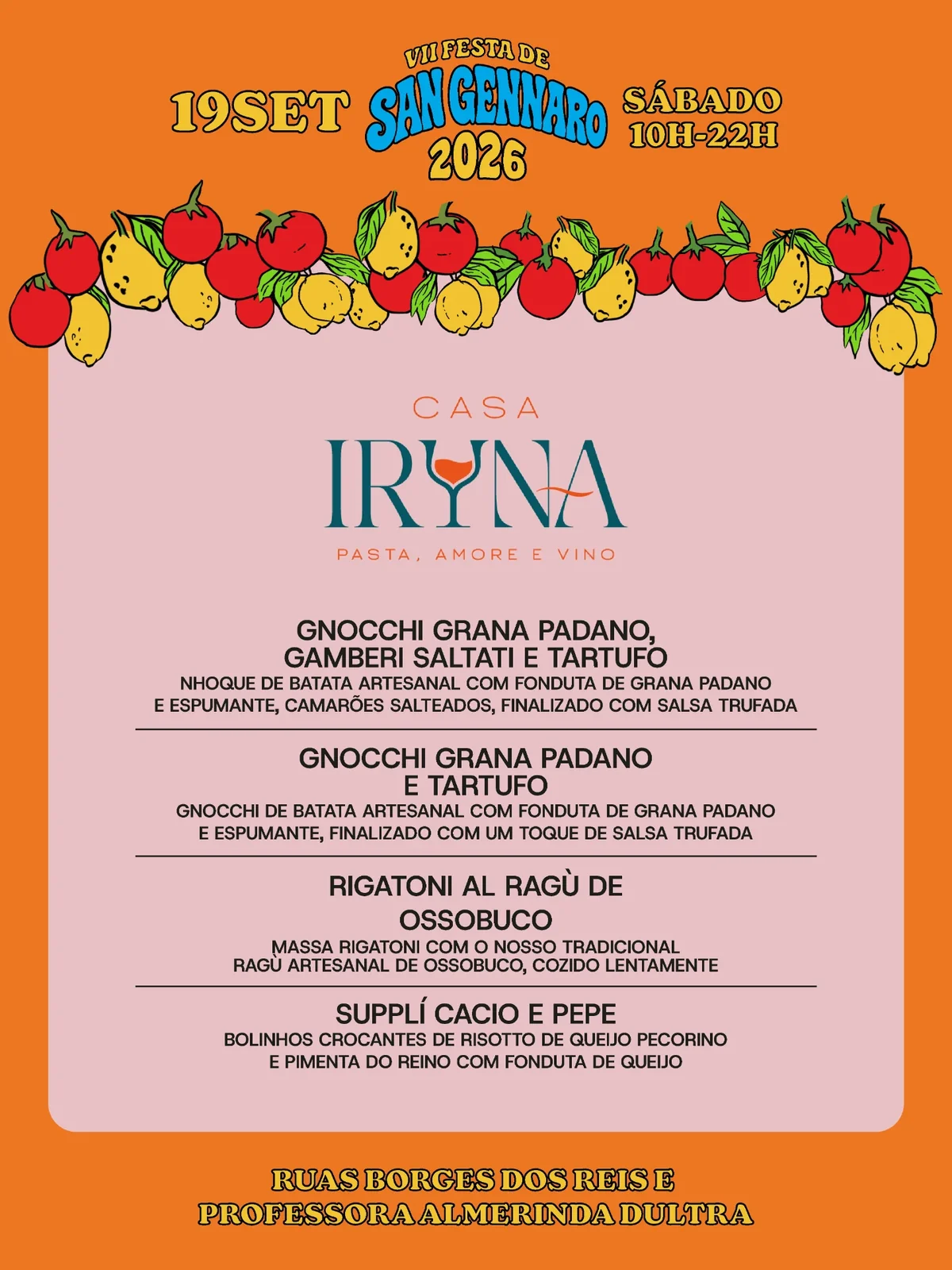 Cardápio de Casa Iryna na VII Festa de San Gennaro 2026