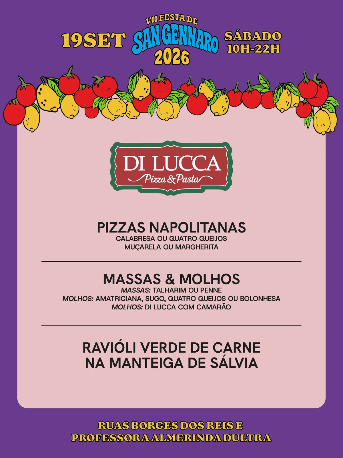 Cardápio de Di Lucca na VII Festa de San Gennaro 2026