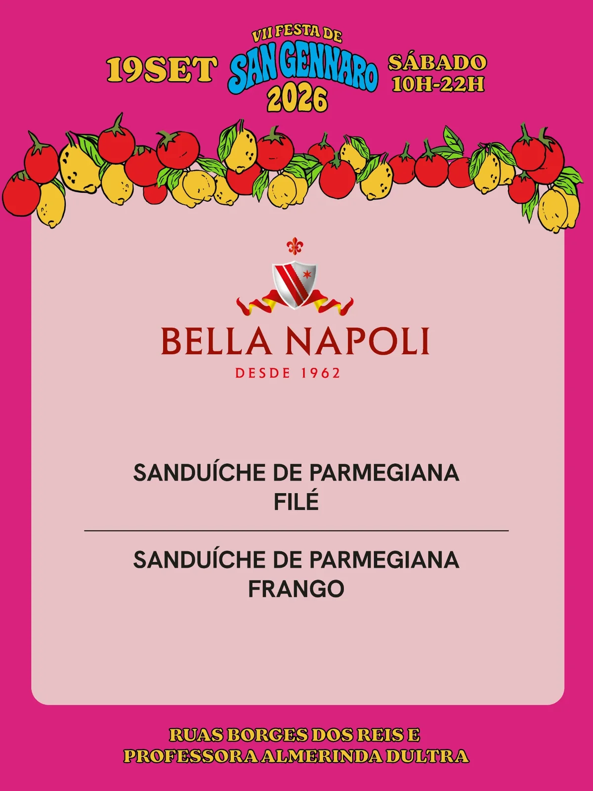 Cardápio de Bella Napoli na VII Festa de San Gennaro 2026