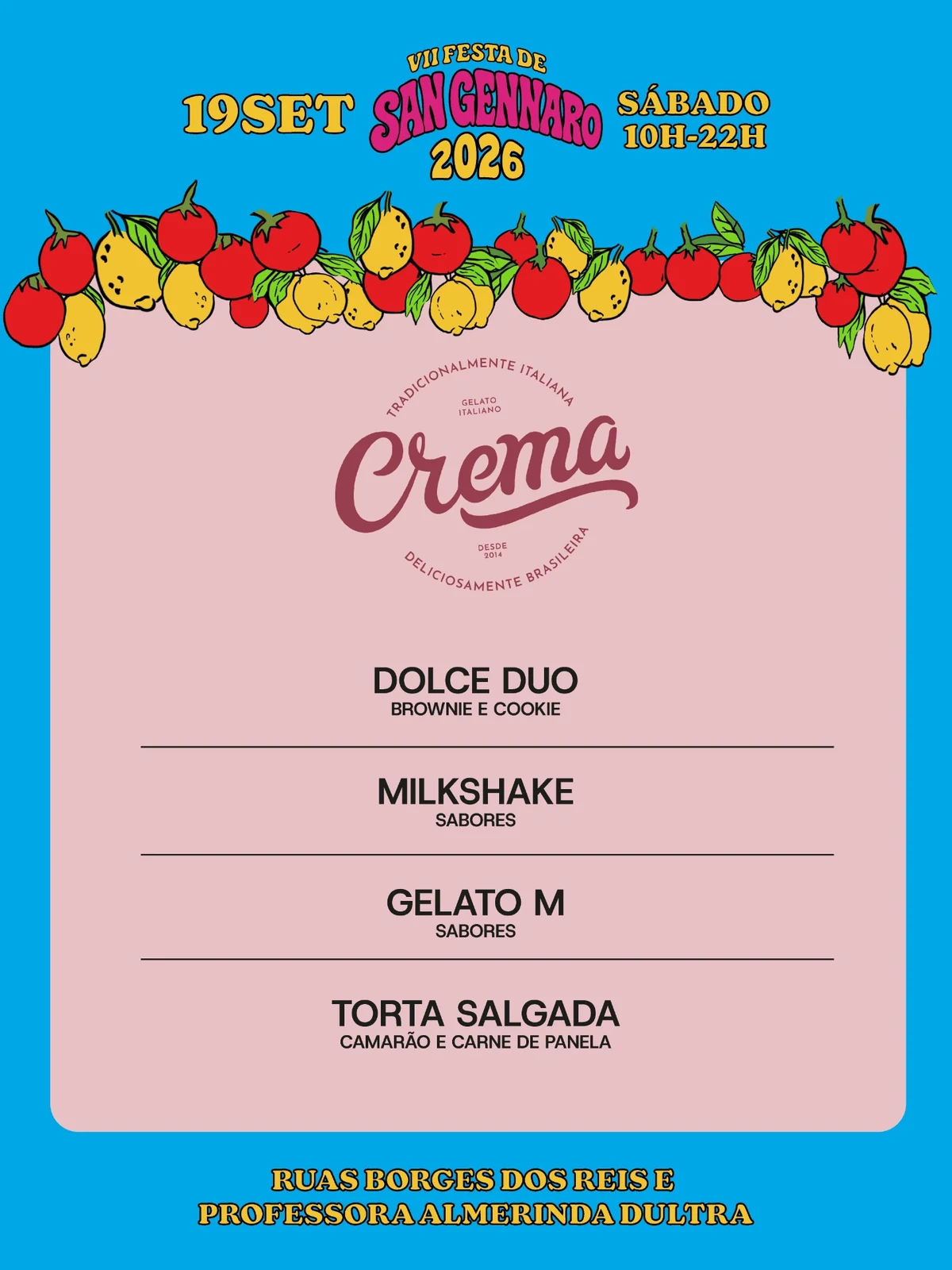 Cardápio de Crema Gelato Italiano na VII Festa de San Gennaro 2026