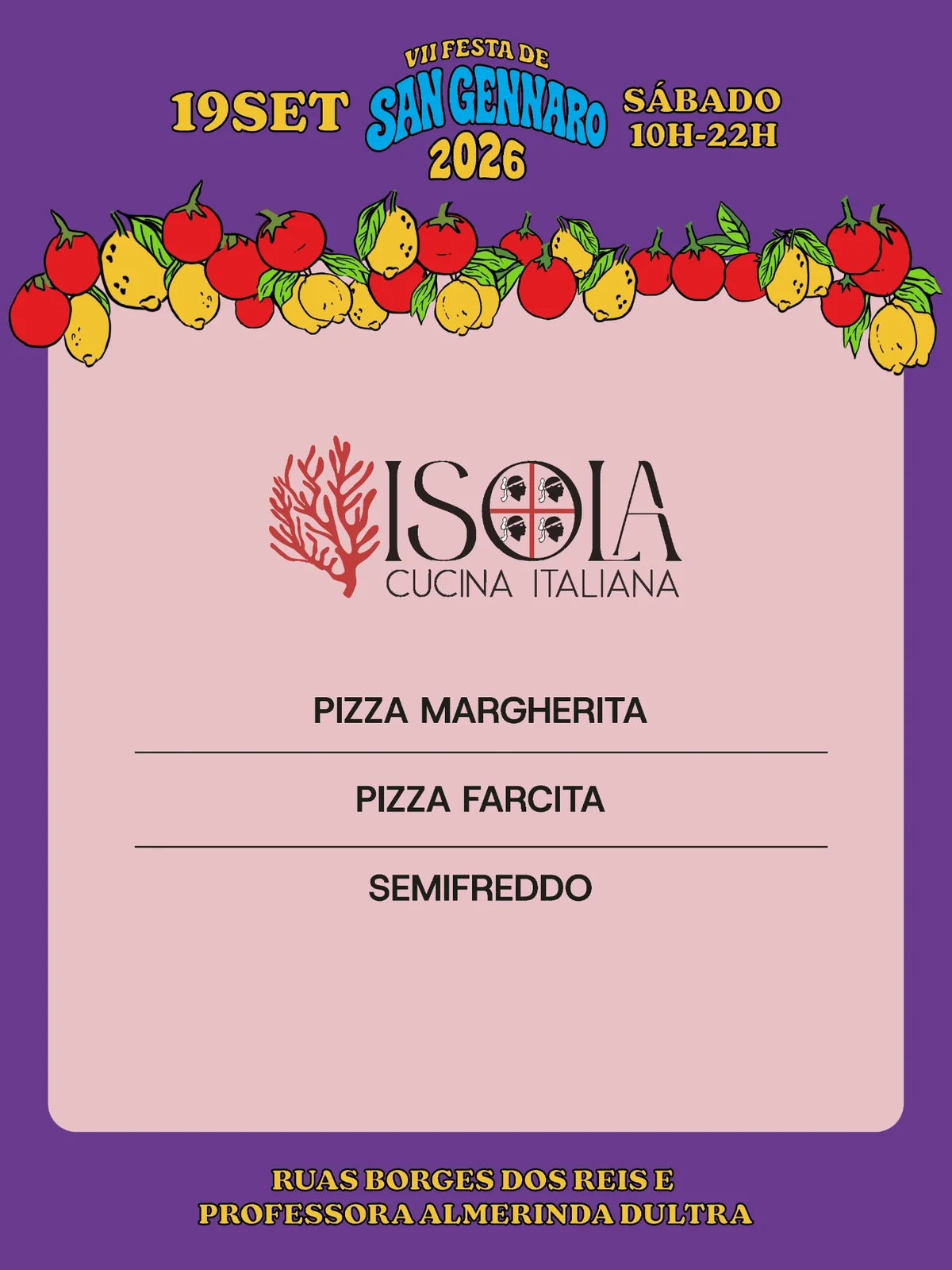 Cardápio de Isola Cucina Italiana na VII Festa de San Gennaro 2026