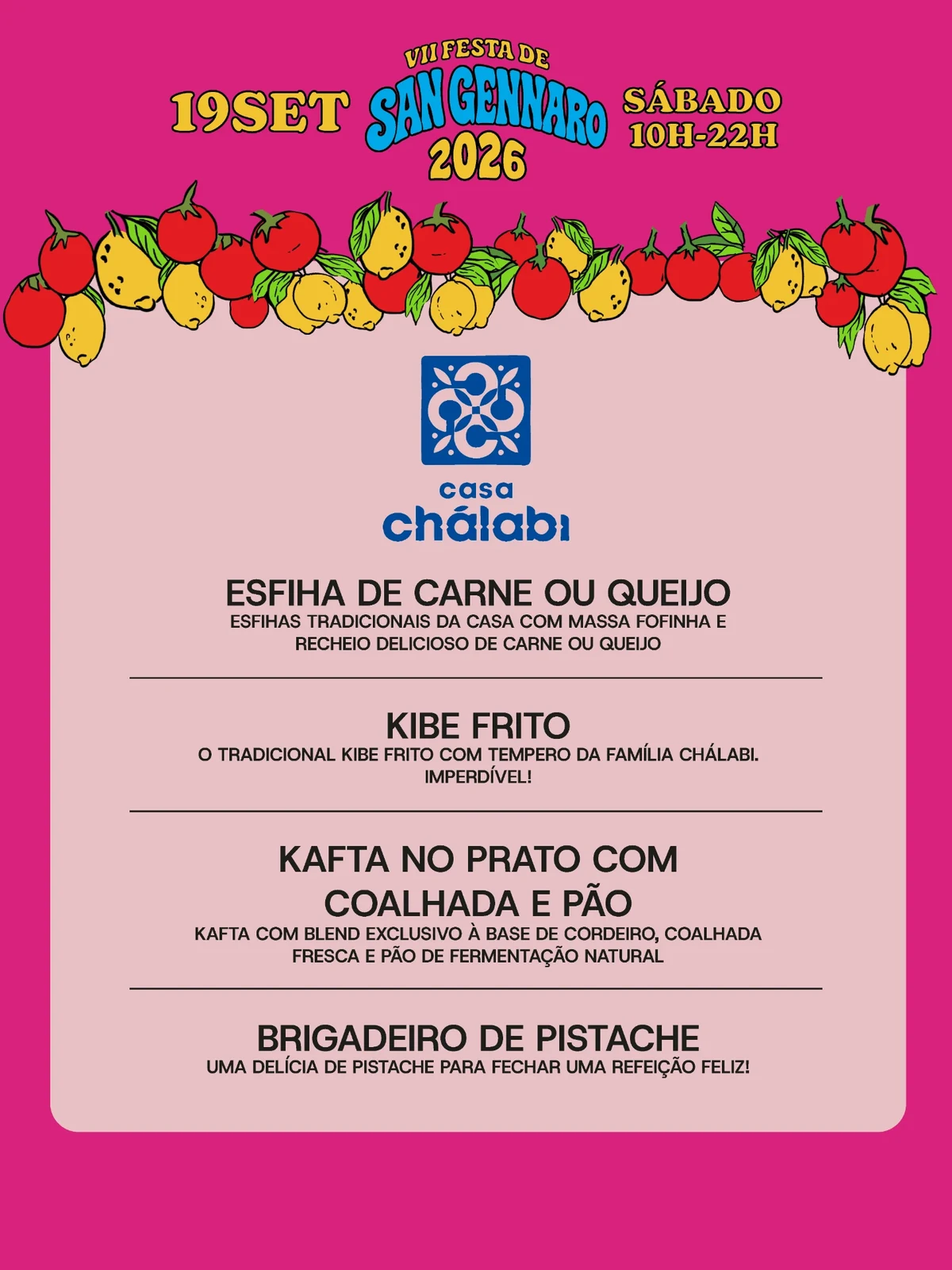 Cardápio de Casa Chálabi na VII Festa de San Gennaro 2026