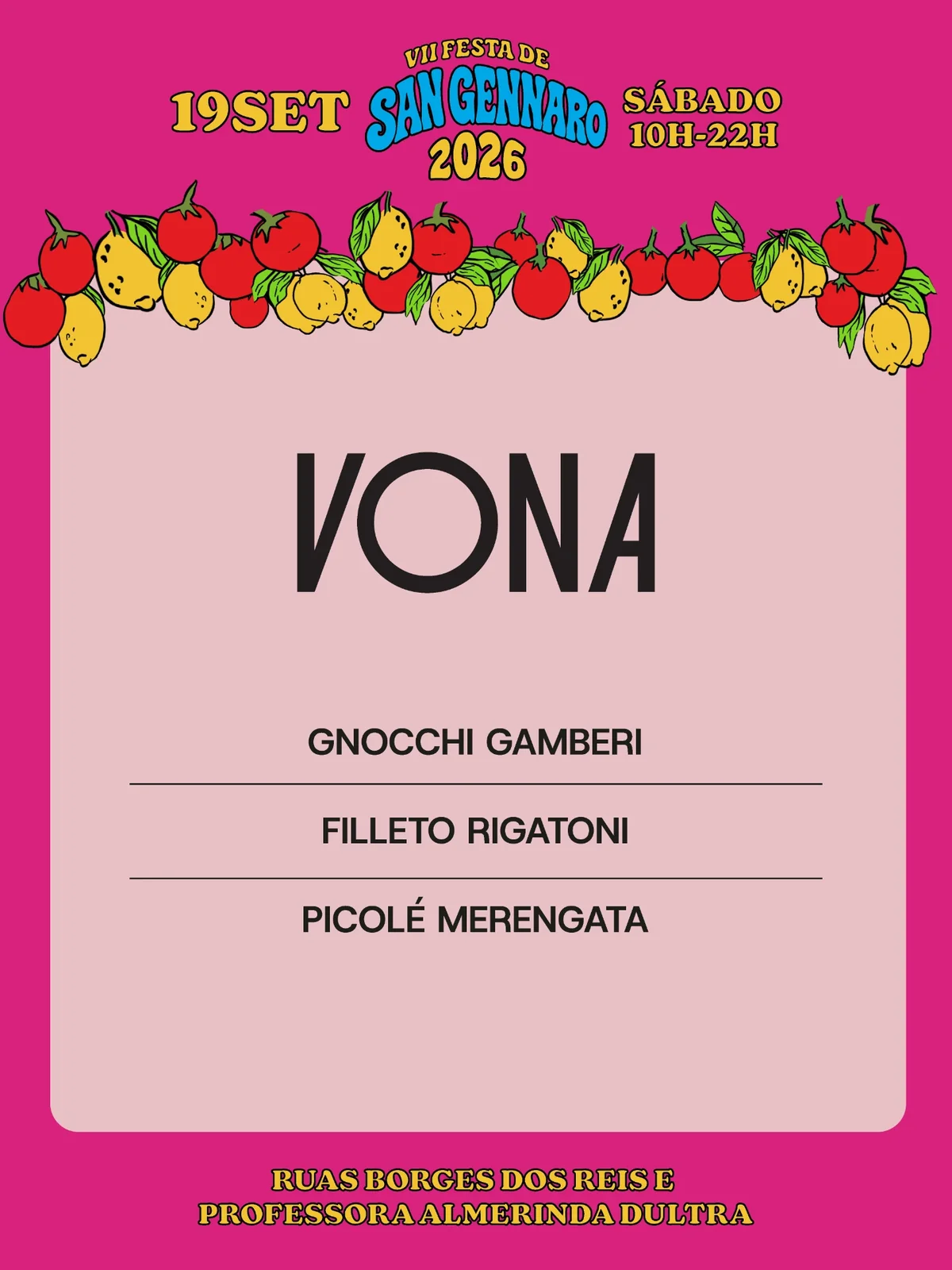 Cardápio de Vona na VII Festa de San Gennaro 2026