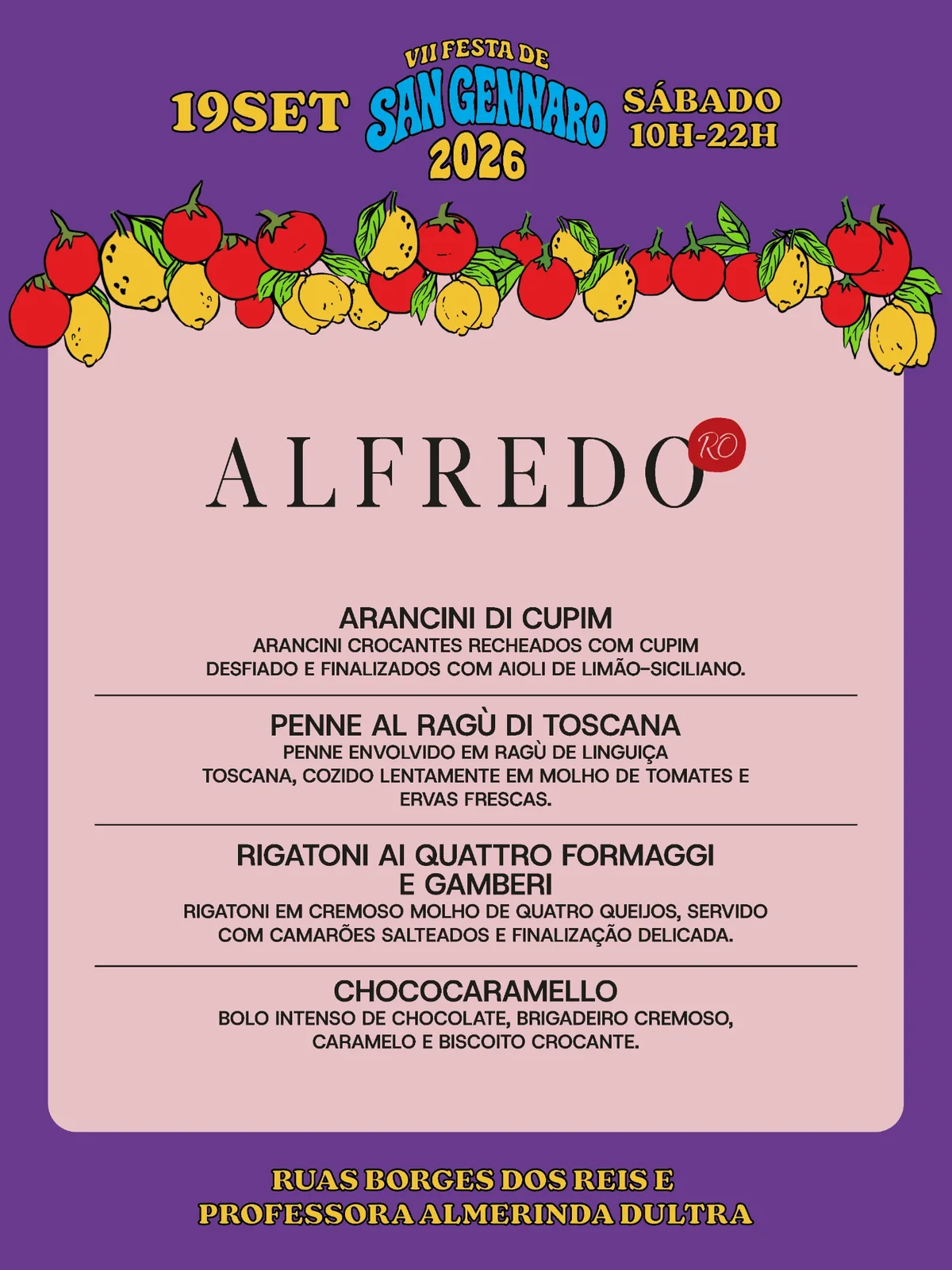 Cardápio de Alfredo'Ro na VII Festa de San Gennaro 2026