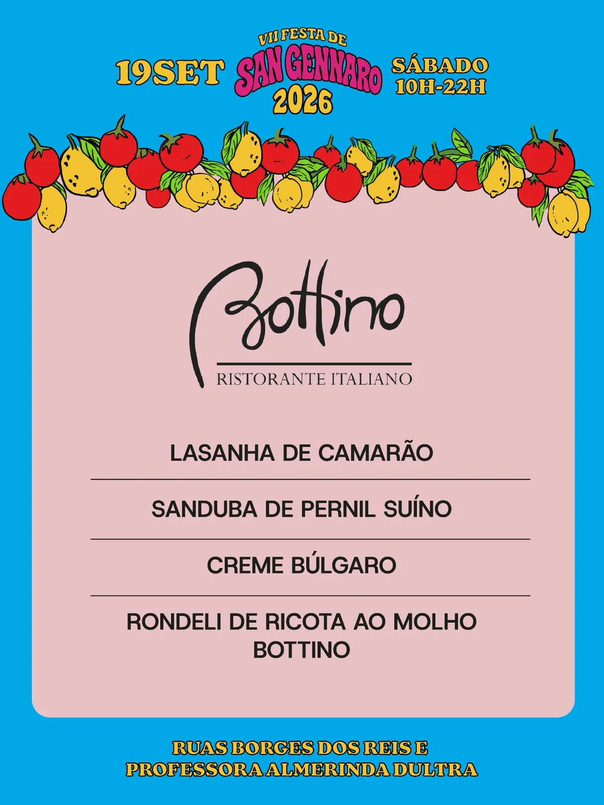 Cardápio de Bottino na VII Festa de San Gennaro 2026