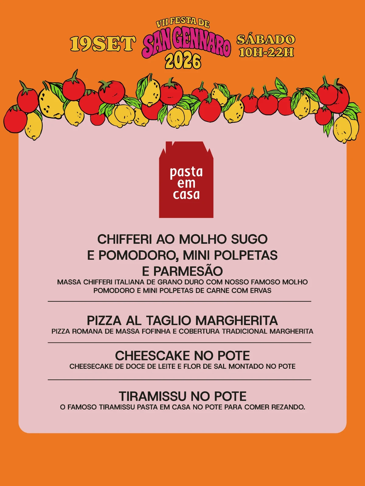 Cardápio de Pasta em Casa na VII Festa de San Gennaro 2026